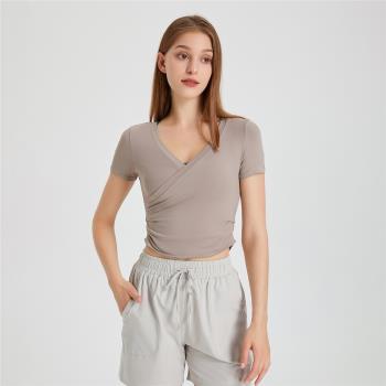 健身服性感V領瑜伽上衣女短袖運動t恤修身健身服跑步運動速乾衣