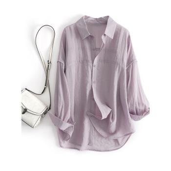 法式紫色天絲長袖防曬襯衫女夏季薄款雪紡肌理感外搭開衫襯衣上衣