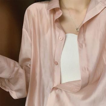 粉色天絲防曬襯衫外套女夏季薄款設計感小眾外搭開衫襯衣女款上衣