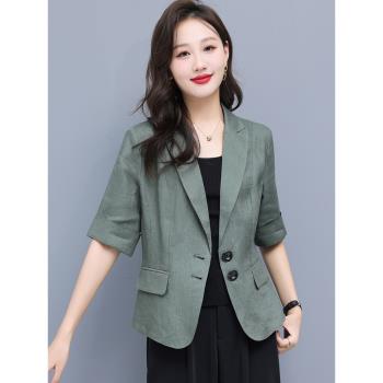 棉麻西裝外套女薄款夏季短款修身休閑短袖大碼單層亞麻小西服上衣