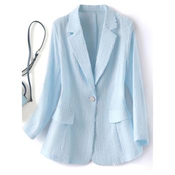 夏季薄款西裝外套女九分袖收腰小西裝淺藍色高端西服條紋2023新款