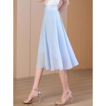 薄款淺藍色半身裙女中長款夏季新款天絲雪紡a字裙小個子高腰傘裙