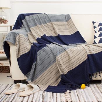 北歐短絨沙發巾蓋布全包 藍色條紋沙發套罩床蓋家居裝飾毯子 促銷