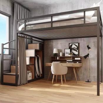 鐵藝復式二層床小戶型閣樓上床下空簡約現代多功能高架床單上層床