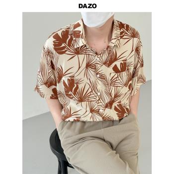 DAZO 夏季輕薄款花襯衫男生短袖bf寬松休閑襯衣五分袖海灘旅游