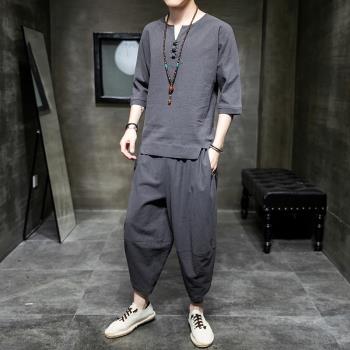 亞麻短袖套裝男t恤夏季薄款中國風男裝古風寬松大碼胖子棉麻唐裝