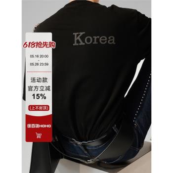 韓國INS高階感純色T恤男小眾浮雕LOGO簡約寬松字母印花刺繡短袖潮