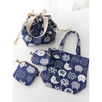 日系藍印花貓 系列集美 單肩手拎包女帆布手提零錢包