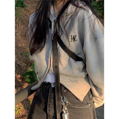 [REコンテナ]  WAL韓版潮牌寬松刺繡字母拉鏈連帽短款衛衣外套女