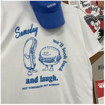 熱狗厚米和漢堡兄弟 食物印花T恤美式休閑卡通潮流男女情侶款短袖