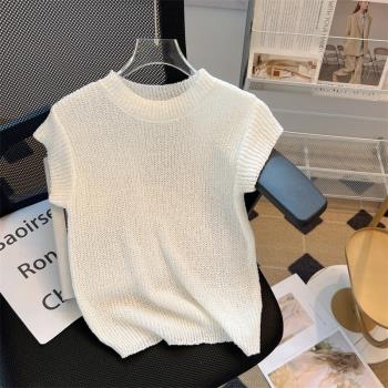 薄款針織短袖T恤女士2023夏季新款洋氣修身鏤空圓領純色短款上衣