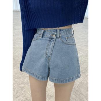 韓國chic小眾設計感不規則紐扣高腰牛仔短褲女2022新款百搭直筒褲