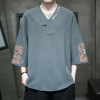 亞麻短袖男士t恤夏季薄款中國風男裝七分袖漢服休閑寬松大碼唐裝