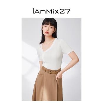 IAmMIX27夏季短袖針織衫女薄款修身顯瘦純色短款斜門襟套頭上衣女