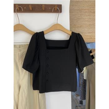 韓國東大門2023夏季新款氣質顯瘦黑色方領小個子短款襯衫上衣女潮