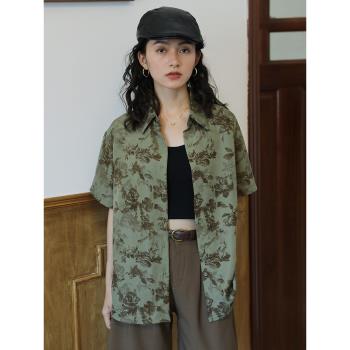 油畫復古港風印花襯衫女夏季薄款寬松設計感小眾上衣百搭短袖襯衣