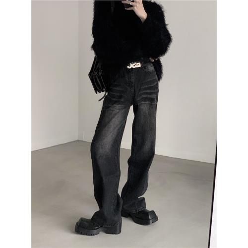 秋山風/小眾高街復古水洗黑牛仔褲男高級設計感闊腿寬松休閑褲潮