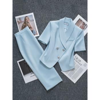 藍色短袖西裝套裝女小個子短款高級感職業裝正裝西服外套夏季薄款