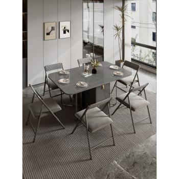 巖板可折疊餐桌椅組合家用小戶型現代簡約實木伸縮長方形吃飯桌子