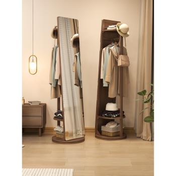 旋轉衣帽架臥室落地掛衣架帶鏡子一體客廳家用可移動實木置物架