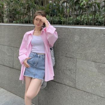 粉色條紋襯衫女夏季2023新款設計感小眾薄款防曬襯衣長袖格子上衣