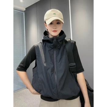 百搭休閑連帽馬甲女夏新款純色顯瘦時尚拉鏈上衣外套透氣潮流薄款