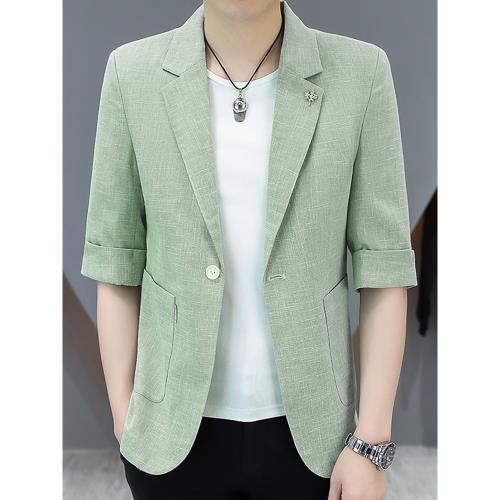 夏季薄款七分袖西服男士潮牌韓版修身帥氣小西裝純色休閑單西外套