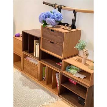 日式實木格子柜自由組合收納客廳落地小木柜窄單個書柜原木方格柜