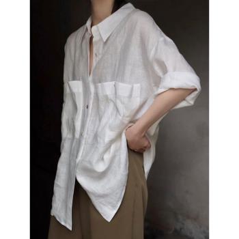 日系復古白色亞麻短袖襯衫女夏季新款設計感小眾棉麻襯衣上衣薄款