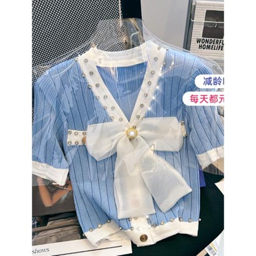 品牌折扣剪標專柜撤柜外貿V領重工釘鉆蝴蝶結短袖冰絲針織開衫女