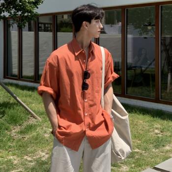 夏季橘色短袖襯衫上衣t恤男寬松美式設計感百搭韓國東大門潮男裝