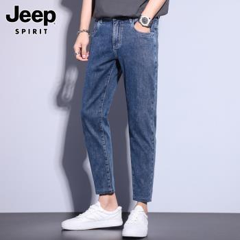 Jeep吉普牛仔褲男士夏季新款潮流百搭帥氣藍色修身小腳九分褲子男