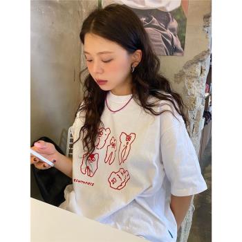 圖案趣味簡筆畫印花寬松短袖卡通