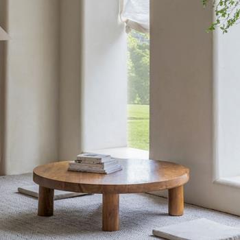日式實木圓形茶幾組合客廳套幾現代簡約侘寂風家具榻榻米木質茶臺
