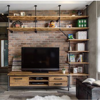 LOFT水管書架工業風實木電視柜背景書架創意美式客廳組合置物架