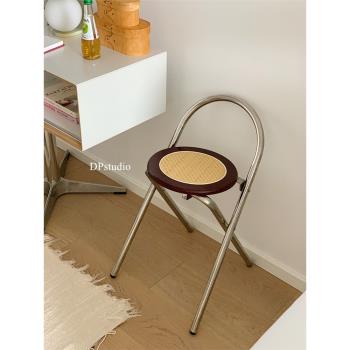 韓式藤編折疊凳ins風可收納創意中古實木折疊椅成人法式小圓凳