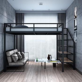 鐵藝雙人上層下空簡約現代省小空間高架雙層上床下桌復式二樓床