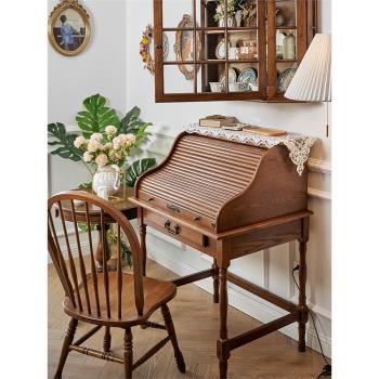 復古翻蓋美式鋼琴梳妝臺臥室小戶型秘書桌實木化妝桌一體書桌收納