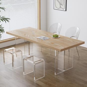 客廳輕奢亞克力懸浮餐桌日式純實木北歐簡約藝術工作桌原木大板桌