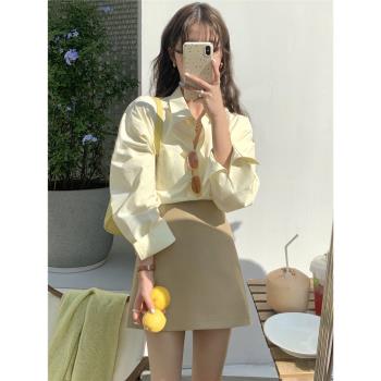 自制奶油黃長袖襯衫女夏寬松日系學生設計感高級防曬衫鵝黃色襯衣