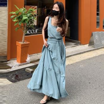 韓國chic夏季法式度假風方領上衣+大擺半身裙鹽系輕熟兩件套裝女