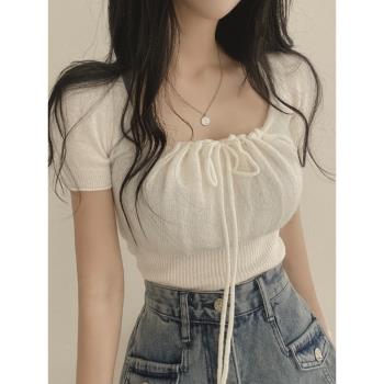 韓國chic夏季新款百搭設計感方領抽繩褶皺短款針織衫別致上衣女