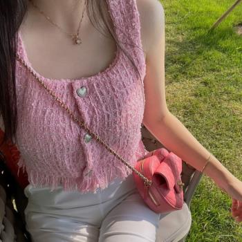 韓國chic夏季新款小清新減齡洋氣別致上衣紐扣小香風流蘇吊帶背心