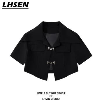 「LHSEN」黑色短袖小西裝外套女夏季寬松短款小眾設計感翻領上衣