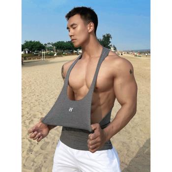 輝先生夏季一片式低胸純棉背心男士刺繡修身運動肌肉健身坎肩汗衫