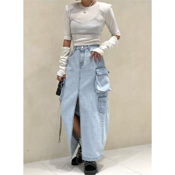 大口袋牛仔半身裙女韓國復古水洗寬松直筒前開叉設計感工裝長裙潮