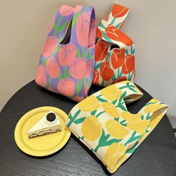 新款郁金香花卉手提包女針織毛線手拎水桶包飯盒包伴手禮袋托特潮