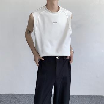 韓國小眾字母設計打底衫背心男運動健身夏季純色寬松坎肩無袖T恤