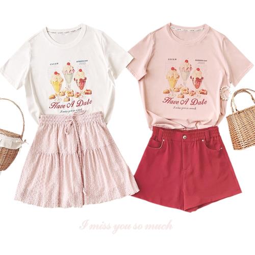 復古夏日 雞尾酒冰淇淋  粉色奶白色 顯瘦正肩 圓領 短袖T恤 U