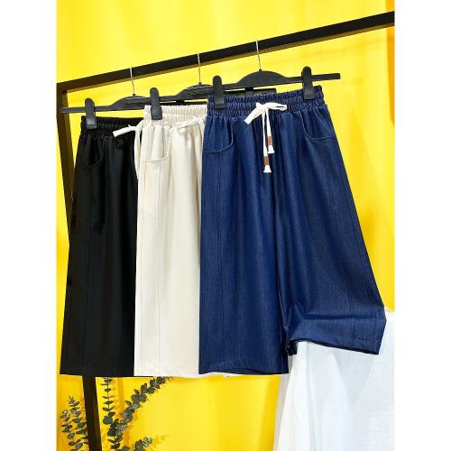 天絲牛仔闊腿褲女七分褲夏薄款垂感中褲寬松大碼冰絲直筒褲松緊腰